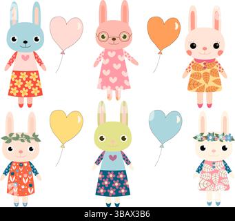 Cute colorful cartoon bunnies with heart shaped balloons Stock Vector