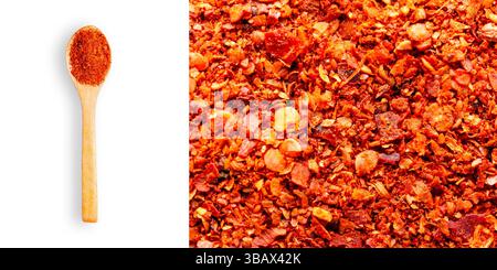 A spoonful of merken on white background and a close up of merken texture on a rectangular format. Stock Photo