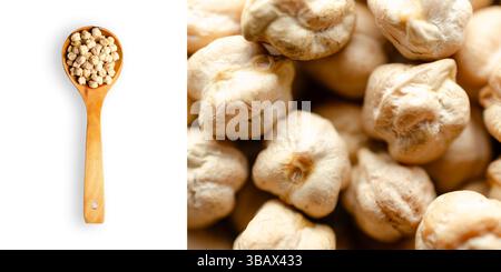 A spoonful of raw chickpeas on white background and a close up of raw chickpeas on a rectangular format. Stock Photo