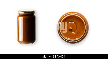 Dulce de leche in a jar. Front and top view. White background. Stock Photo