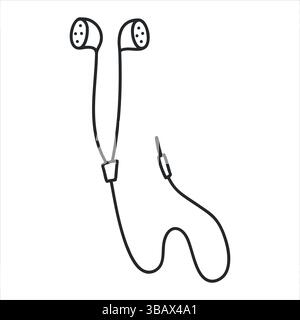 Hand drawn cute simple doodle illustration of wired headphones. Flat vector headset sticker in simple line art style. Outline music device icon or Stock Vector