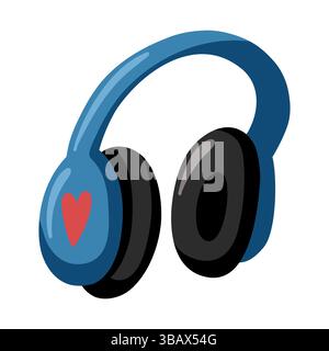 Wireless Headphones in blue color with red heart symbol on the side. Stylized cartoon Vector isolated illustration Stock Vector