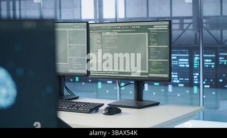 Close up of PC displays in server farm using artificial intelligence to analyze raw data, draw inferences and make predictions. Computers in empty data center use AI to develop pattern recognition Stock Photo