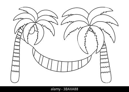Coloring page with summer outline drawing of tropical palm trees with coconuts and striped hammock. Coconut palm on the beach. Ideal for entertaining Stock Vector