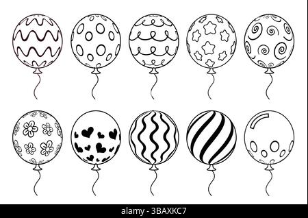 Balloon outline elements clipart set. Inflatable floating balloons with printed pattern drawing icon clip art collection for birthday party Stock Vector