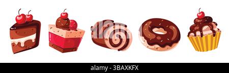 Birthday cupcake elements clipart set. Slice cake with chocolate flavor clip art collection delicious, yummy and delightful dessert for holiday Stock Vector