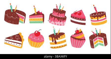 Birthday cake elements clipart set. Cupcake with chocolate and strawberry flavor for birthday party celebration clip art collection slice and whole Stock Vector
