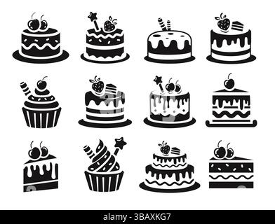 Birthday cake silhouette clipart set. Black cupcake drawing icon outline clip art collection for birthday, anniversary and wedding party delicious Stock Vector