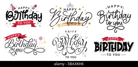 Happy birthday calligraphy text clipart set. Birthday greeting and wishes typography text for invitation card in handwriting, cursive and lettering Stock Vector