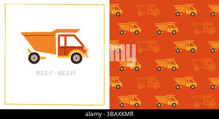 Car truck lorry cartoon seamless pattern. Hand drawn retro farmers truck automobile endless boundless background design. Simple funny auto transport comic repeat print wallpaper vector illustration Stock Vector