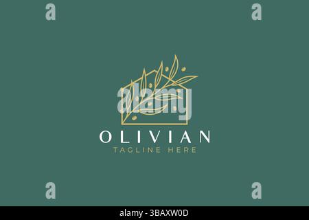 Olive Branch Leaves and Home Line Art Logo Abstract Minimal Flora Design Residential Real Estate Developer Property Urban Cottage Stock Vector