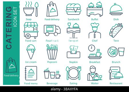 Catering icon set. line icon style. containing icon soup, buffet, dish and more. catering element vector illustration Stock Vector