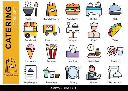Catering icon set. colored outline icon style. containing icon soup, buffet, dish and more. catering element vector illustration Stock Vector