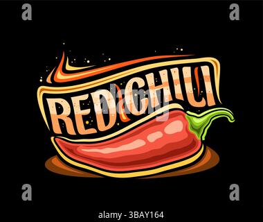 Vector logo for Red Chili, horizontal poster with cartoon design chili pepper, burning decorative flourishes and unique brush lettering for orange tex Stock Vector