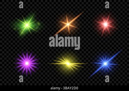 Realistic collection of bright lens flares, rays and colorful glares creating an abstract cosmic light show with magical glow and vibrant beams Stock Vector