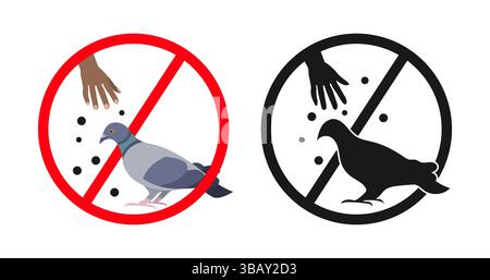 Prohibition sign featuring a hand dropping food while a pigeon or dove is eating, color and black and white formats Stock Vector