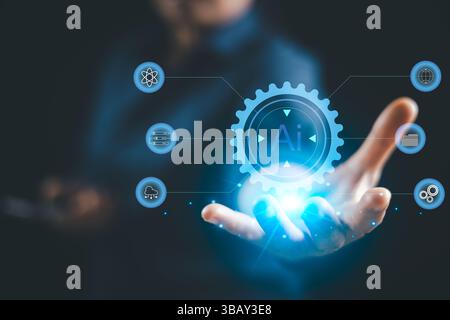 Businesswoman hand show artificial intelligence technology with gear icons and automation symbols, digital transformation, technology trends, represen Stock Photo
