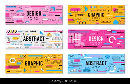 Geometric Memphis banners with abstract patterns and eclectic shapes. Vector horizontal cards with modern and dynamic design captures retro hipster vibes of 80s. Layouts with vibrant bold ornaments Stock Vector