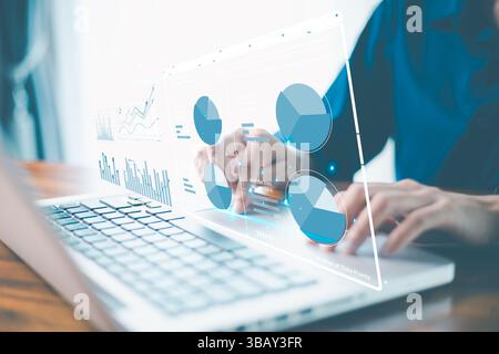 Digital age, business on technology, data science and strategy to analyze each datum charts, graphs, reports stored in database, accessed via laptop, Stock Photo