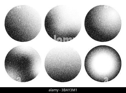 Grain noise gradient spheres with stipple dot pattern or circle shapes with spray dust effect, abstract vector. Grain noise spheres and round shapes with dotwork or sand particles in spray gradient Stock Vector