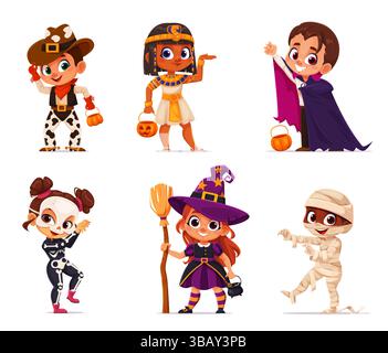 Kids Halloween party. Cartoon children with pumpkin buckets in spooky costumes of cowboy, Egyptian princess, vampire, skeleton, witch and mummy. Vector boys and girls trick or treat celebration fun Stock Vector