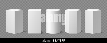 White column podiums and pedestals, stands or geometric pillar. Realistic vector podium stands and columns of square, cube, round cylinder and polygonal shape for product display stands or pedestals Stock Vector