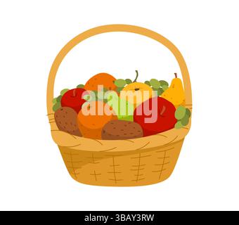 Cartoon wicker basket brimming with ripe fresh fruits like apples, pears, oranges, kiwis, and grapes, symbolizing abundance, harvest and healthy natural produce in farming, gardening and agriculture Stock Vector