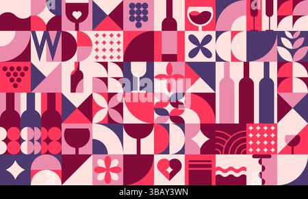 Geometric wine alcohol drink pattern. Vector background with abstract purple grapes, wine glasses and bottles, corkscrew and vineyard, hearts and vines silhouettes mosaic. Restaurant menu background Stock Vector