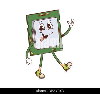 Cartoon groovy computer chip processor retro character. Isolated vector vintage nostalgic tech personage with cheerful face, sticking its tongue out and waving hand in friendly welcoming gesture Stock Vector