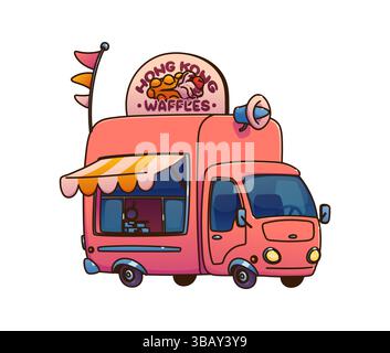 Hong Kong waffles food truck car, festival street foodtruck van. Cartoon vector retro mobile kitchen with canopy, open service window, dessert snack for outdoor vending at fair, market and food event Stock Vector