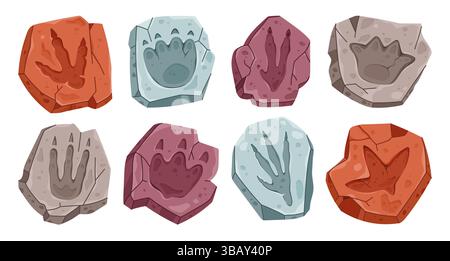 Dinosaur archaeology fossil footprints. Isolated vector set of ancient dino animal paw prints, reptile foot trail impression in stone pieces. Cartoon Jurassic era archaeological and paleontology finds Stock Vector