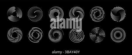 Abstract line circular round spiral shapes. Vector dynamic curves with dotted and striped rotation patterns on black. Geometric radial futuristic elements create illusion of movement and speed swirl Stock Vector