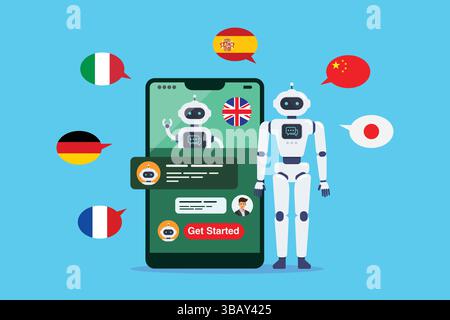 Learning different foreign languages with chat bot on smartphone. Chat GPT. Artificial Intelligence. Vector illustration Stock Vector