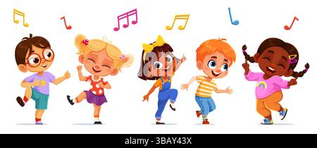 Kids dancing and jumping at party. Group of happy cartoon children having fun and enjoying music together. Vector scene with boys and girls in laughing, moving and celebrating with music notes around Stock Vector