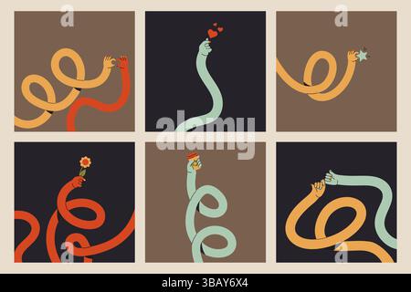 Flexible colorful gesture hands - twirled curled arms reaching upwards holding flower, star, making heart sign. Bendable rubber like tubular fingers stretching, swirling into abstract shapes. Stock Vector