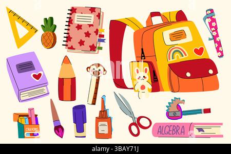 School stationery sticker pack - cute cartoon supplies with backpack and notebook, pencil and ruler, crayon and scissors. Colorful fun set kids learning tools, organizers isolated on beige background. Stock Vector