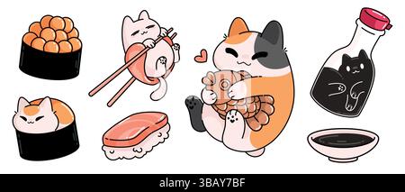 Kawaii sushi cats - cute kitten characters in salmon hanging on chopsticks, lying in nori roll, hugging fish shaped cookie, hiding in soy sauce bottle. Adorable kitty pets with japanese cuisine food. Stock Vector