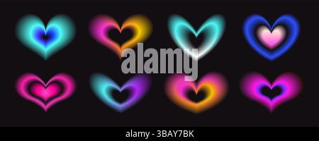 Gradient heart shapes collection y2k style - pink, purple and red colors neon glow effect on black background. Vibrant blurred light silhouettes set, luminous radiance romantic love design symbols. Stock Vector