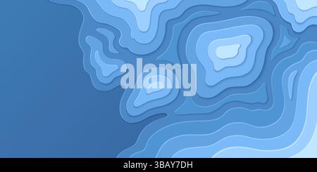 Topographic papercut - layered waves gradient blue background. Abstract relief map with contour lines elevation terrain. Geographic height data surface landscape visualization natural terrain scheme. Stock Vector