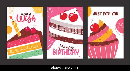 Happy birthday cupcake clipart poster set. Birthday greeting and wishes with slice of cake and cupcake clip art collection in colorful abstract Stock Vector