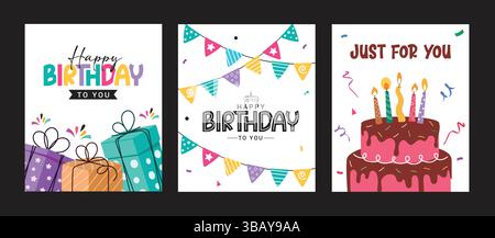 Happy birthday greeting card clipart poster set. Happy birthday invitation card template with gift boxes, pennants and cake decoration elements Stock Vector
