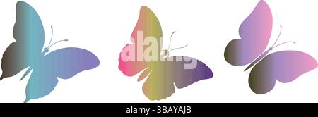 Colorful Butterfly silhouettes vectors transparent background. Cute three variants of Butterfly Sketches. Minimalist Line Art Design Artistic Insects Stock Vector