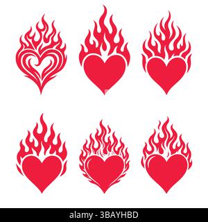 Red burning hearts with flame elements. Ideal for romantic cards, fire-themed graphics, merchandise, and web visuals. Set of six flaming heart vector. Stock Vector