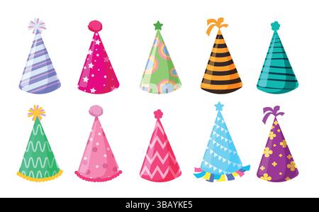 Party hat elements clipart set. Colorful birthday party hat with printed pattern clip art collection for happy celebration flat festive cone Stock Vector