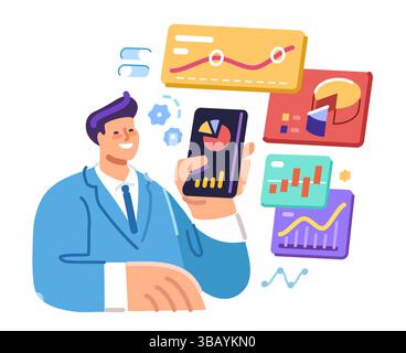 Businessman analyzing charts and graphs on smartphone for data review. Online statistics, financial analysis, management Stock Vector