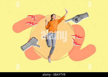 Poster trend collage of person stand make selfie gadget under finger point dislike symbol on yellow background Stock Photo