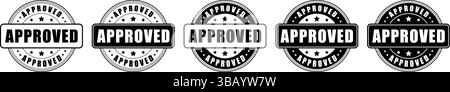 black and white approved stamp icons with circular shapes used for validation, confirmation and acceptance Stock Vector