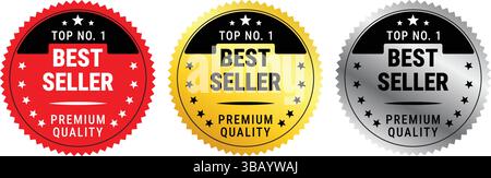 Set of three top no. 1 best seller badges in red, gold, and silver with premium quality text and stars Stock Vector