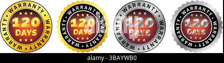 Set of four 120 days warranty badges in gold, bronze, silver, and metallic finishes with star decorations, used for product reliability and certificat Stock Vector