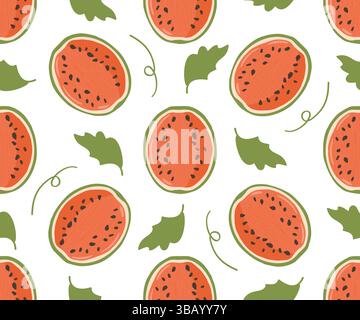 Seamless pattern of watermelon halves with pits and green leaves. Vector background for fresh organic fruits, packaging design for summer goods, textiles, prints, clothing, covers. Stock Vector